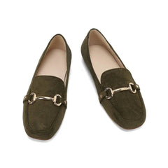 Mocassino donna effetto camoscio con morsetto dorato e punta quadra, Kaki