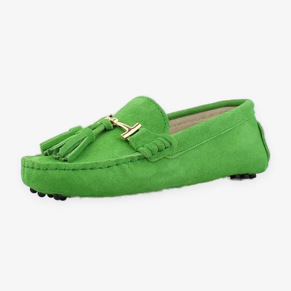 Mocassino donna con nappina e morsetto dorato, colore rosa