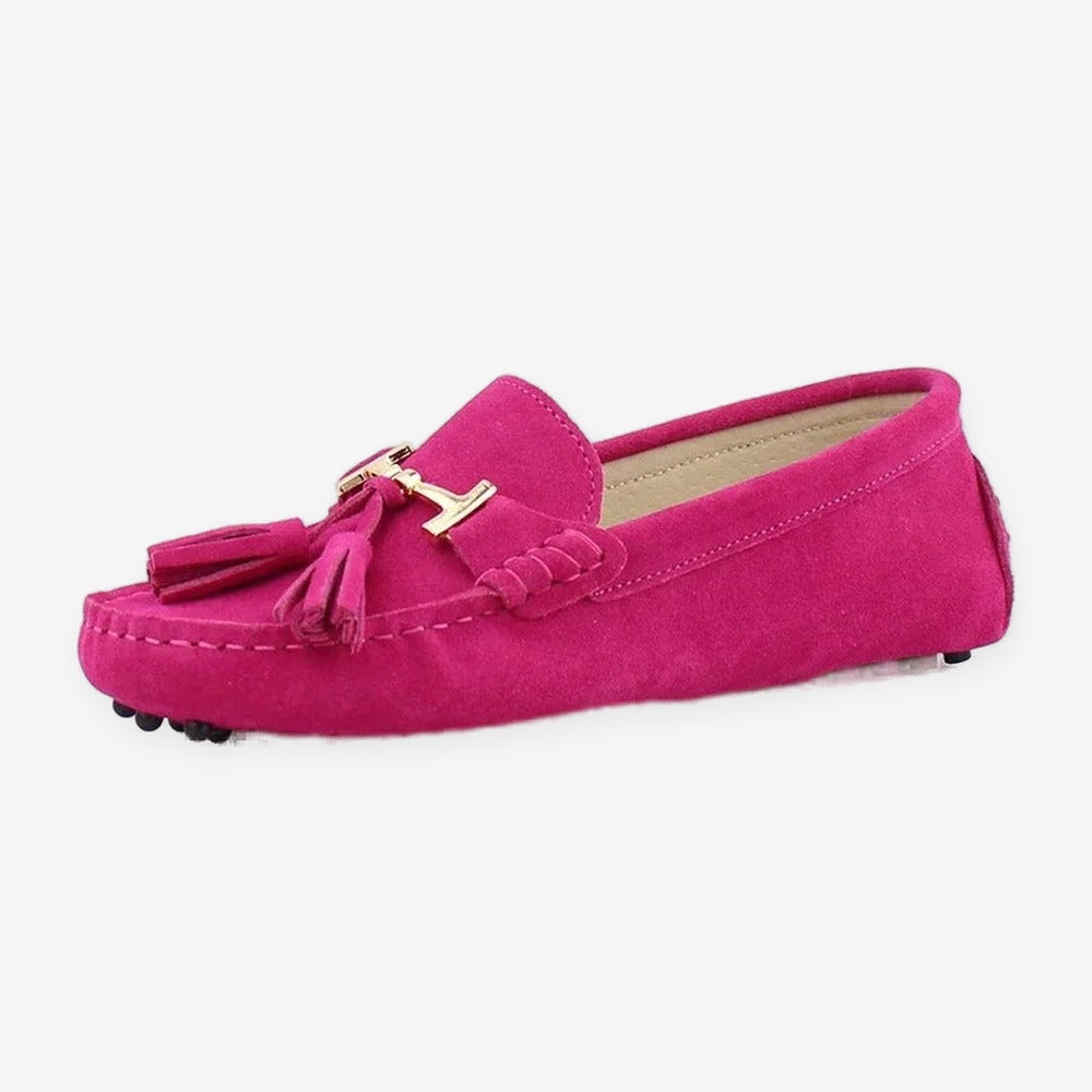 Mocassino donna con nappina e morsetto dorato, colore turchese