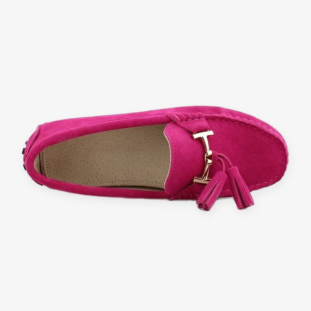 Mocassino donna con nappina e morsetto dorato, colore verde