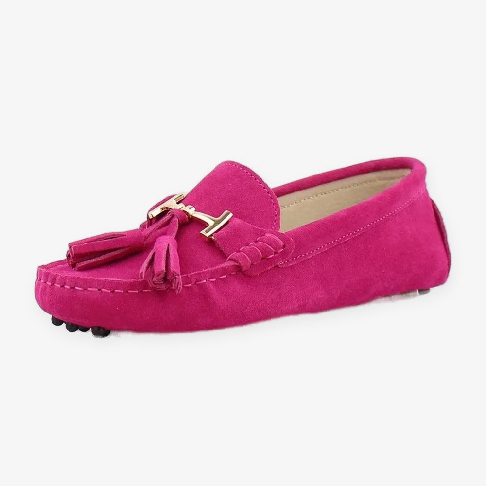 Mocassino donna con nappina e morsetto dorato, colore turchese