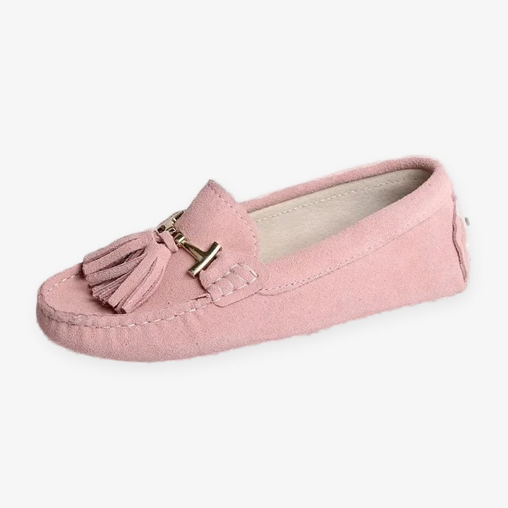 Mocassino donna con nappina e morsetto dorato, colore verde