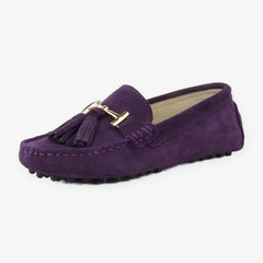 Mocassino donna con nappina e morsetto dorato in pelle, Viola