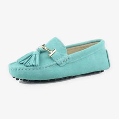 Mocassino donna con nappina e morsetto dorato in pelle, Turchese