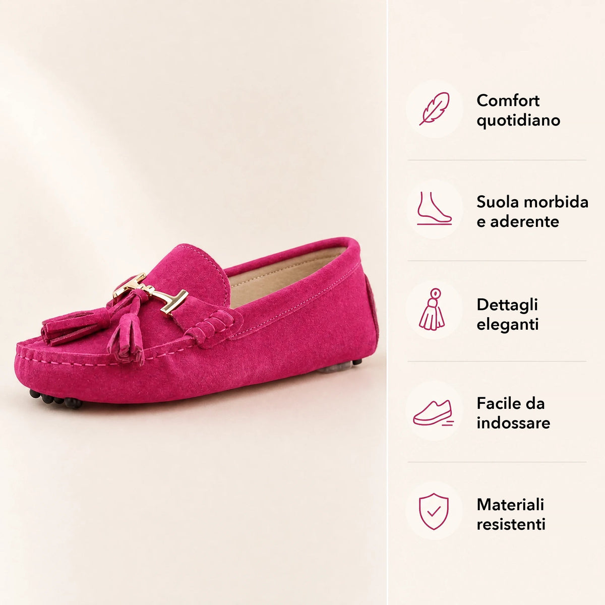 Mocassino donna con nappina e morsetto dorato, colore viola