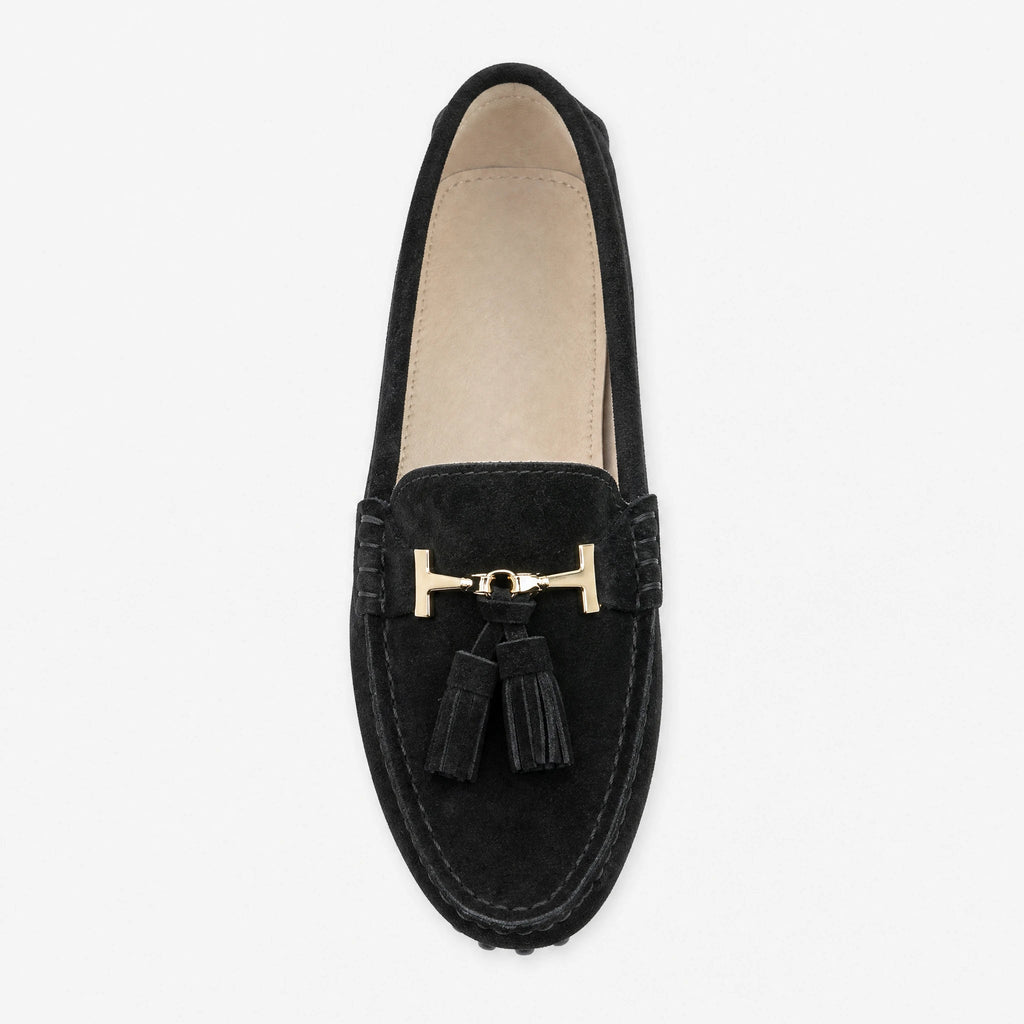 Mocassino donna con nappine e ornamento dorato, colore nero