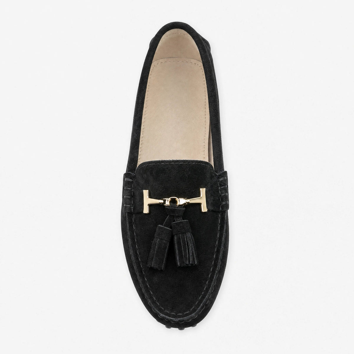 Mocassino donna con nappine e ornamento dorato, colore nero