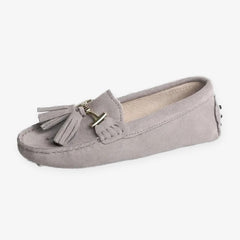 Mocassino donna con nappine e ornamento dorato, Grigio chiaro