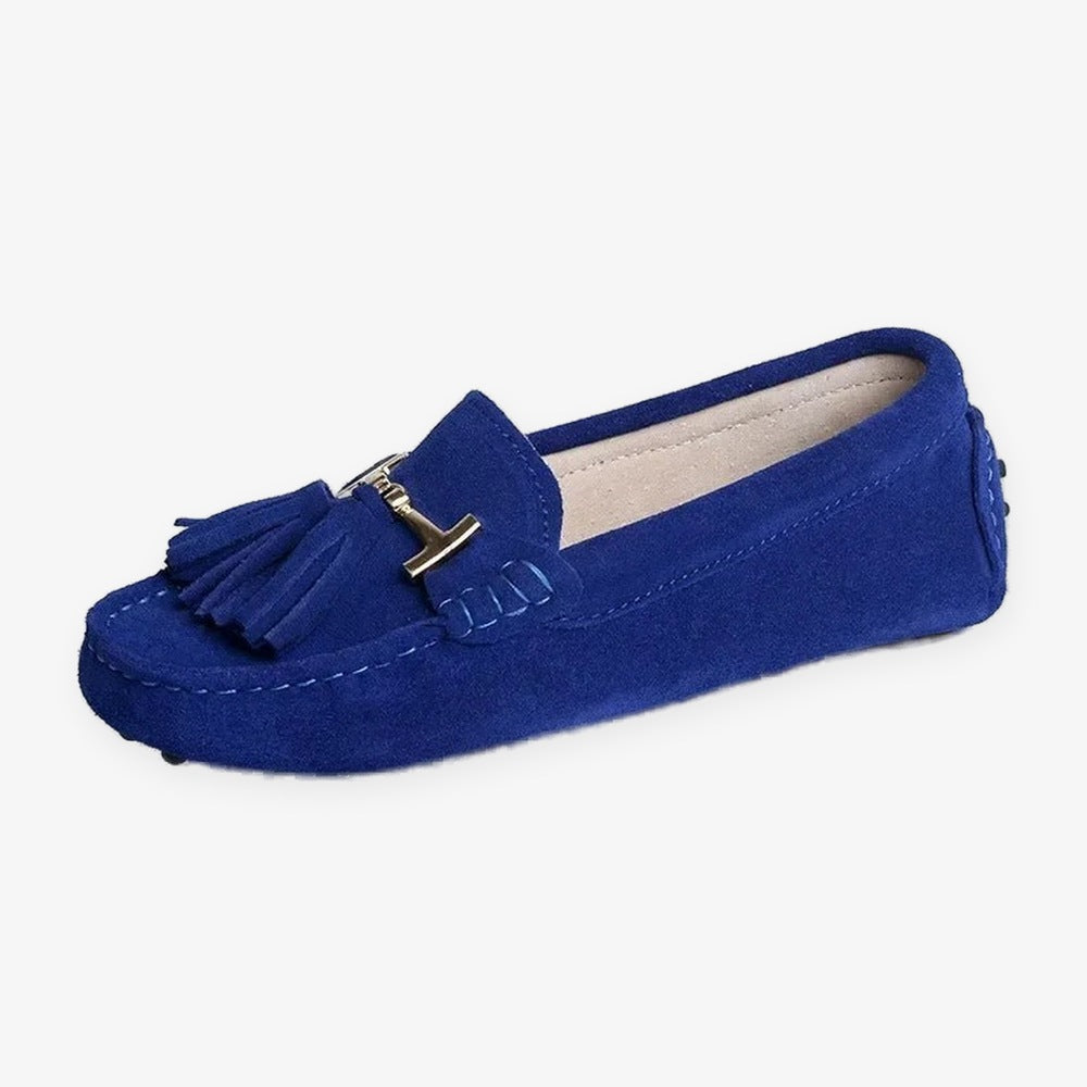 Mocassino donna con nappine e ornamento dorato, colore bordeaux