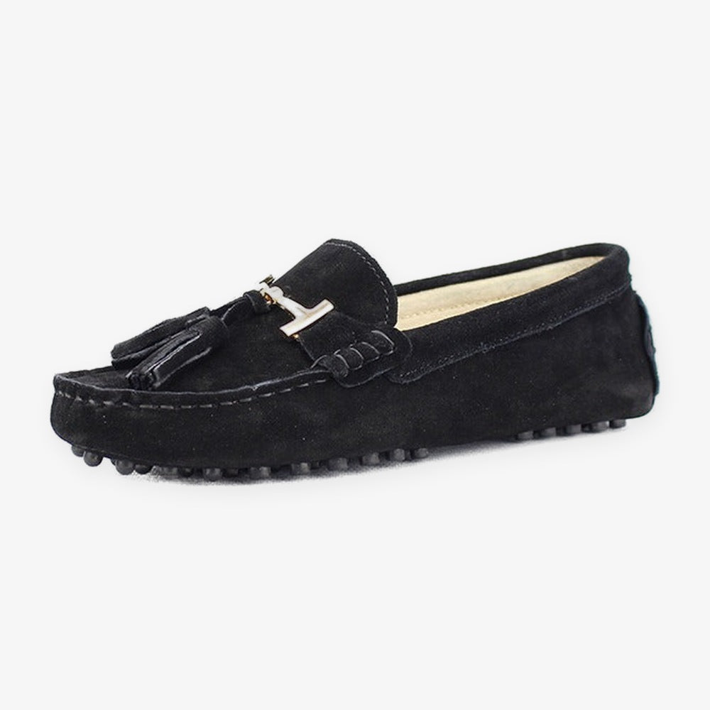 Mocassino donna con nappine e ornamento dorato, colore rosso