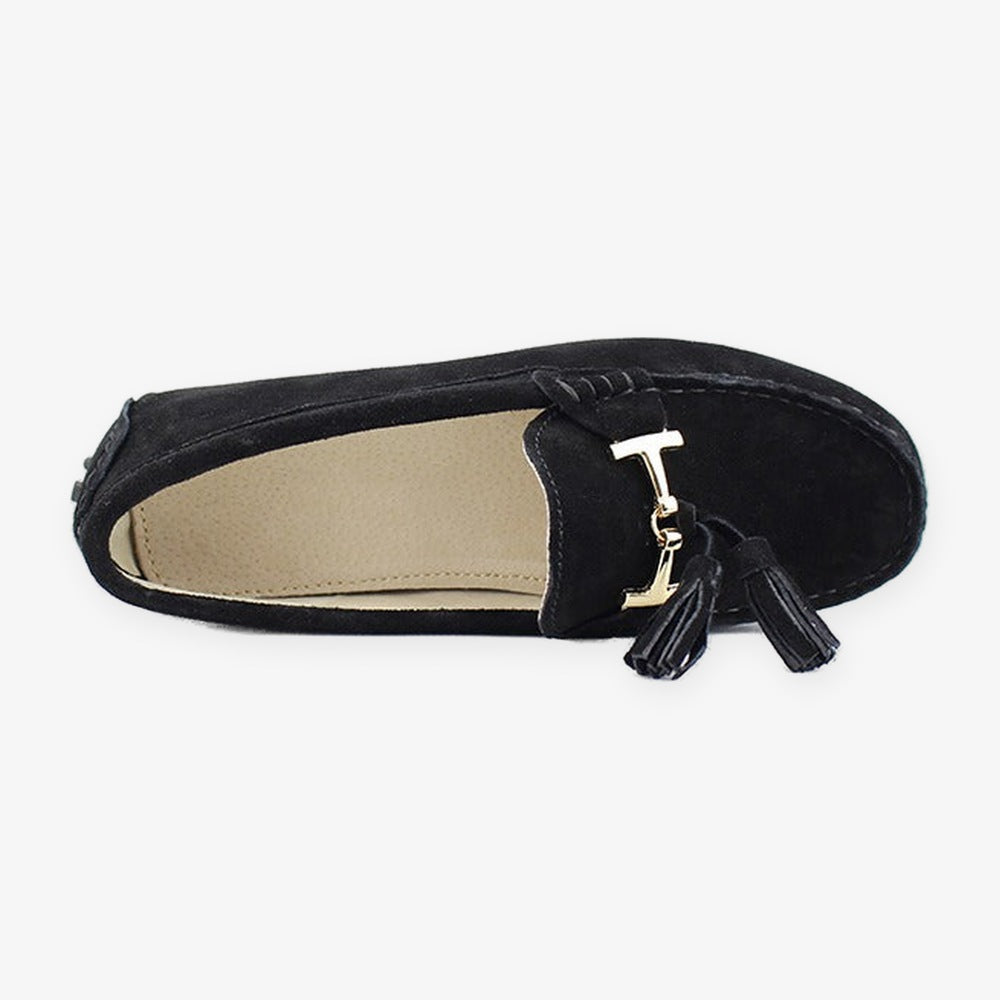 Mocassino donna con nappine e ornamento dorato, colore grigio scuro