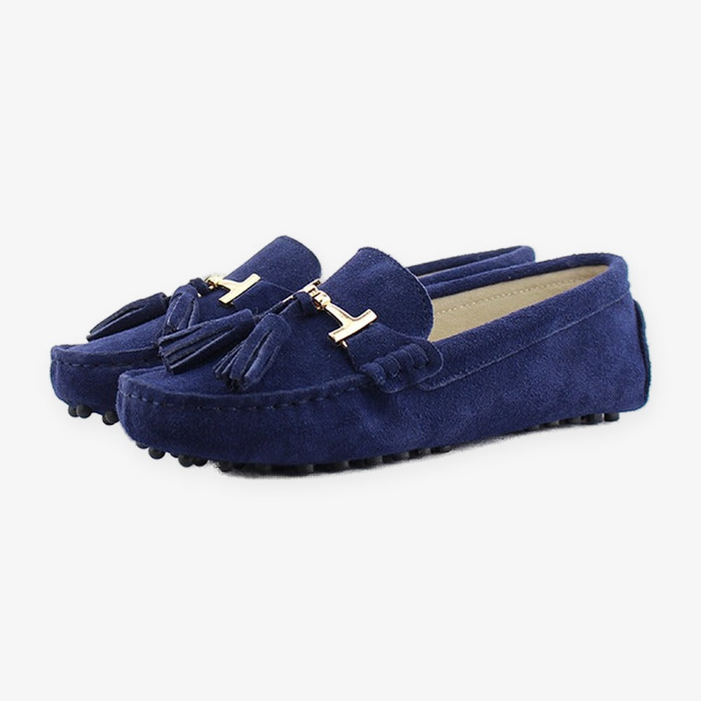 Mocassino donna con nappine e ornamento dorato, colore grigio chiaro