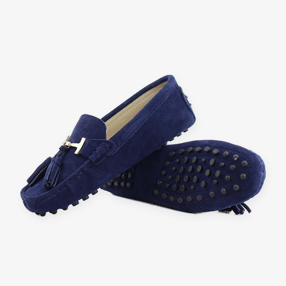 Mocassino donna con nappine e ornamento dorato, colore blu reale
