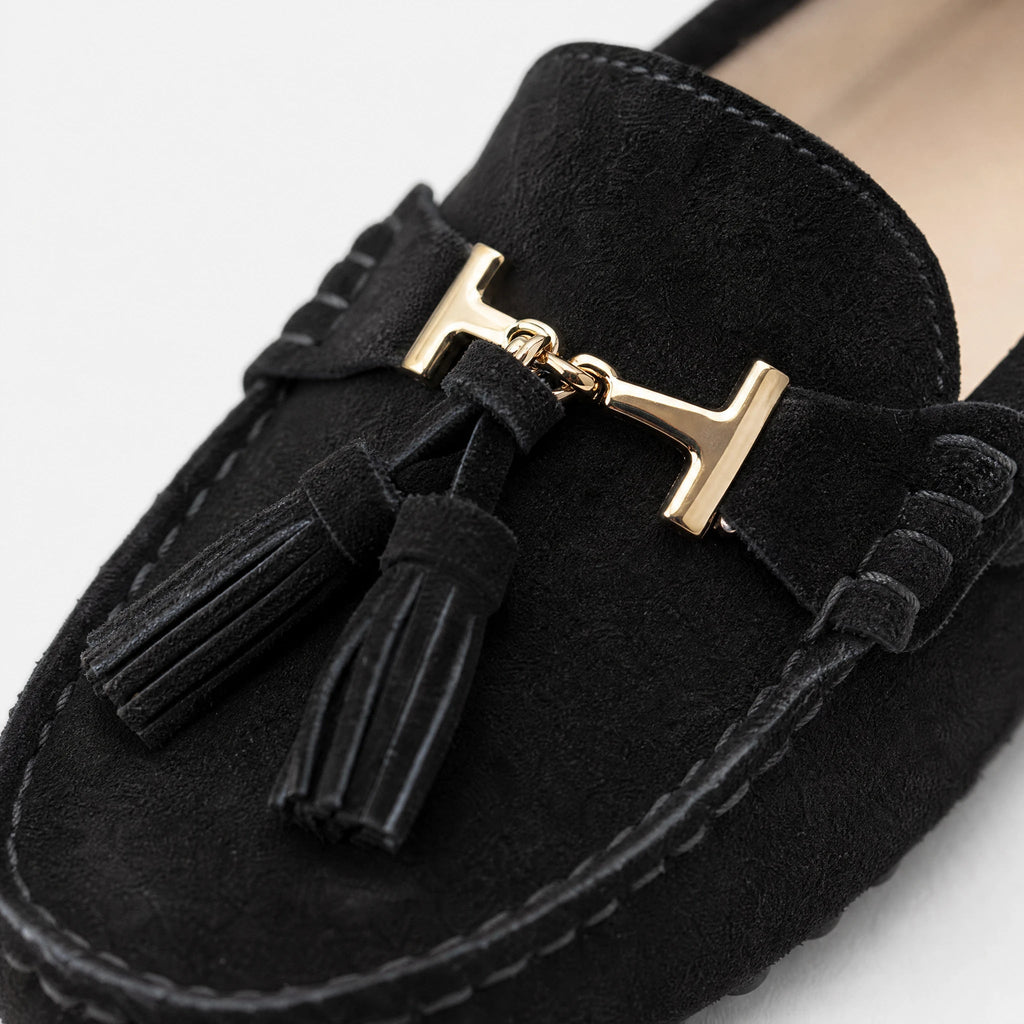 Mocassino donna con nappine e ornamento dorato, colore blu navy