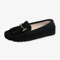 Mocassino donna con nappine e ornamento dorato, Nero