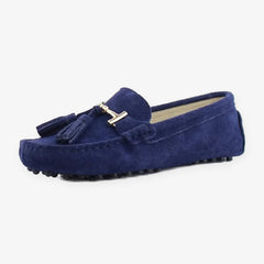 Mocassino donna con nappine e ornamento dorato, Blu navy