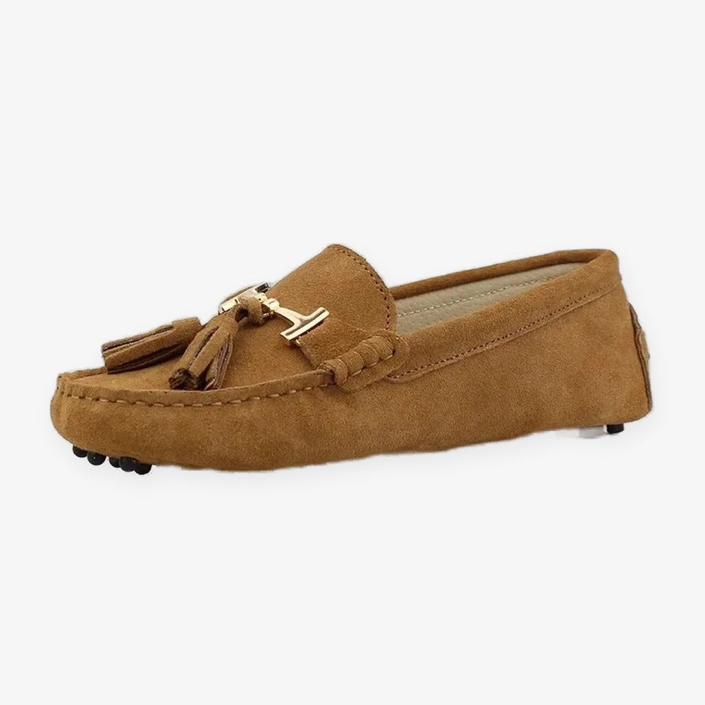 Mocassino donna con nappine e ornamento dorato, colore grigio chiaro