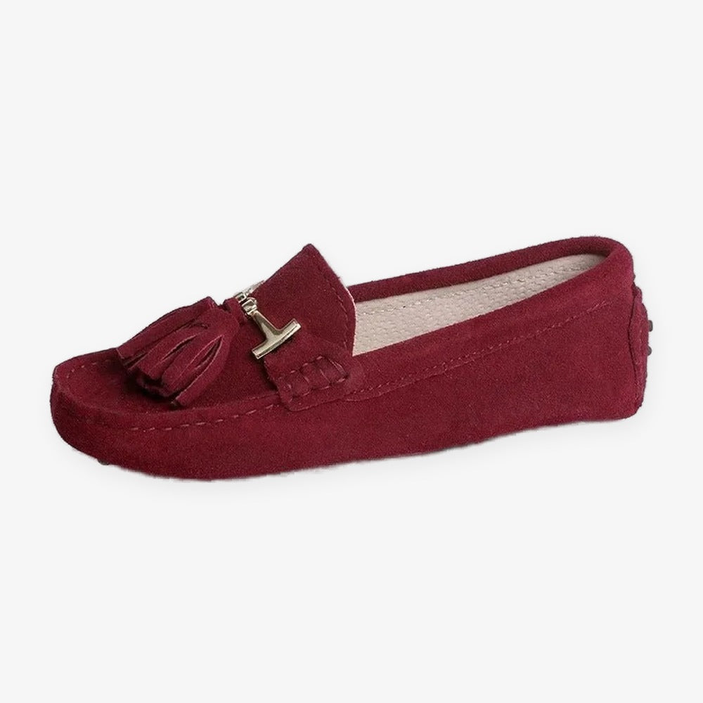 Mocassino donna con nappine e ornamento dorato, colore blu reale