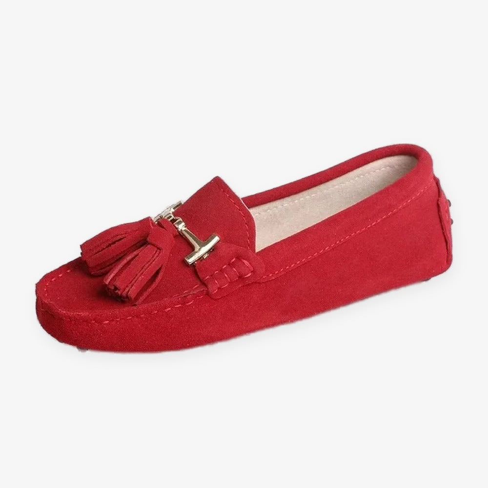 Mocassino donna con nappine e ornamento dorato, colore nero