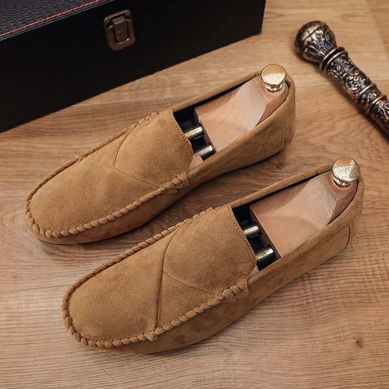 Mocassino effetto camoscio uomo slip-on con cuciture a vista, colore kaki, vista 10