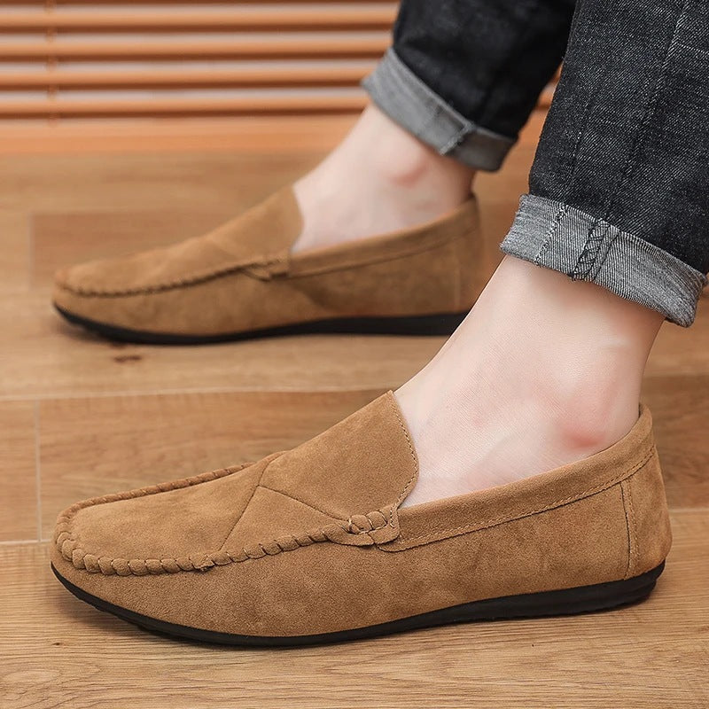 Mocassino effetto camoscio uomo slip-on con cuciture a vista, colore cammello, vista 11
