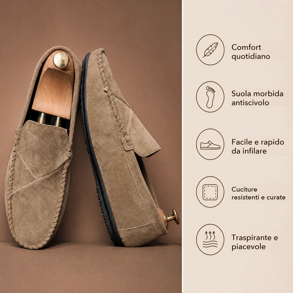 Mocassino effetto camoscio uomo slip-on con cuciture a vista, colore blu