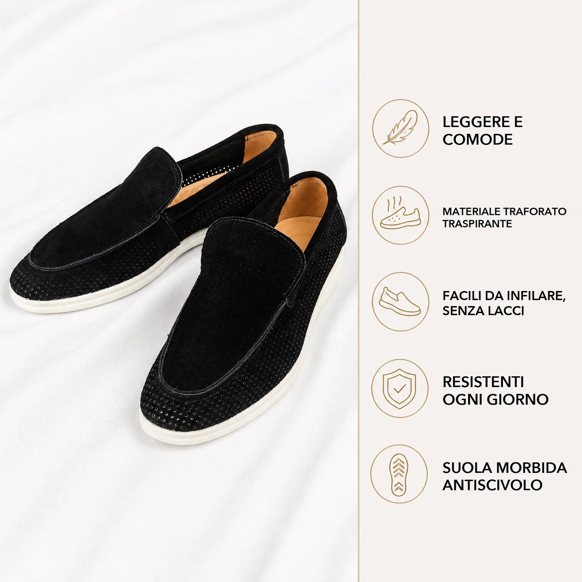 Mocassino forato uomo slip-on nero, beige o verde, colore beige