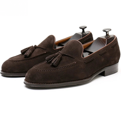 Mocassino con nappe uomo in camoscio marrone, Marrone scuro