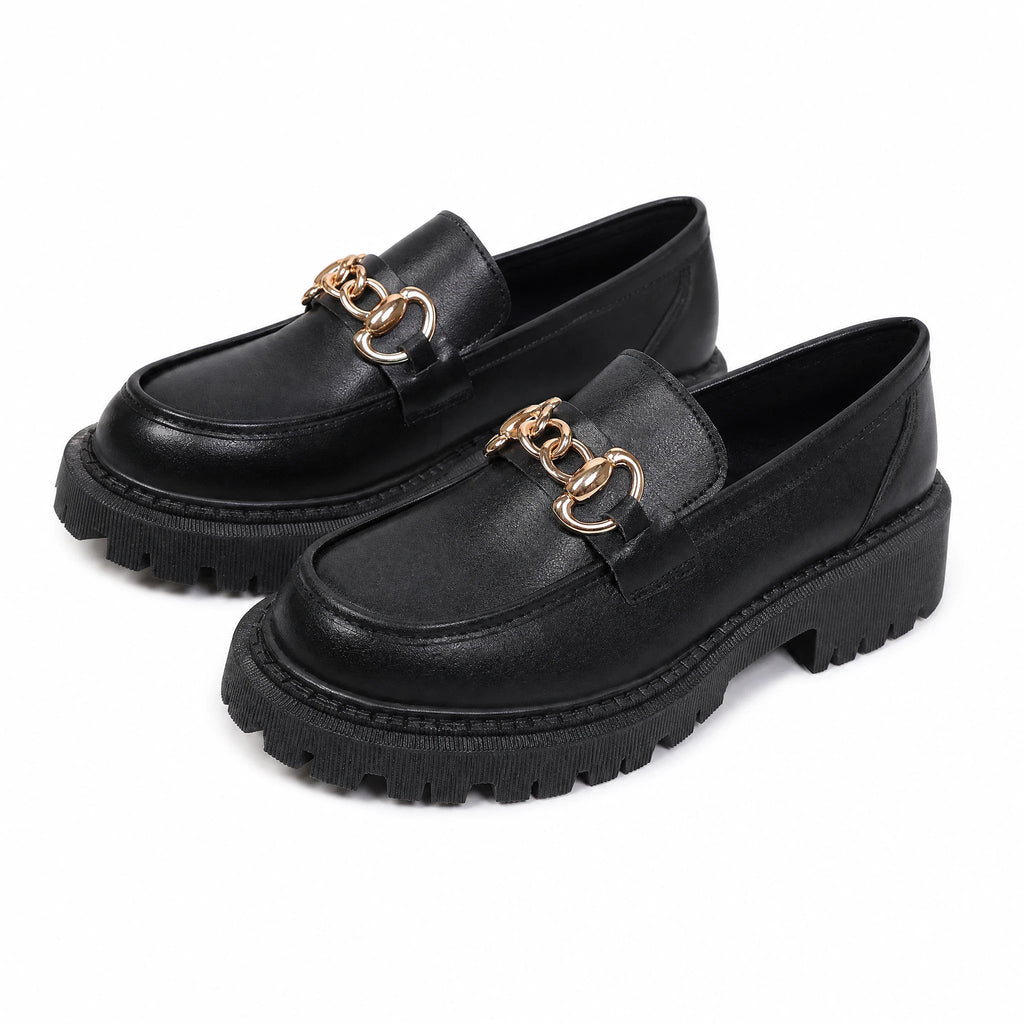 Mocassino con plateau nero con catenella dorata da donna - dettaglio 4