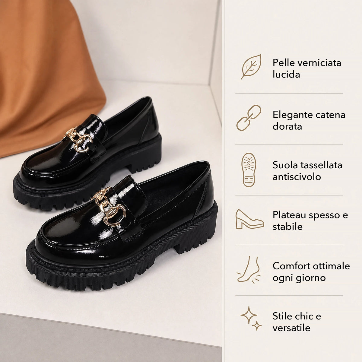 Mocassino con plateau nero con catenella dorata da donna - dettaglio 6 Immagine