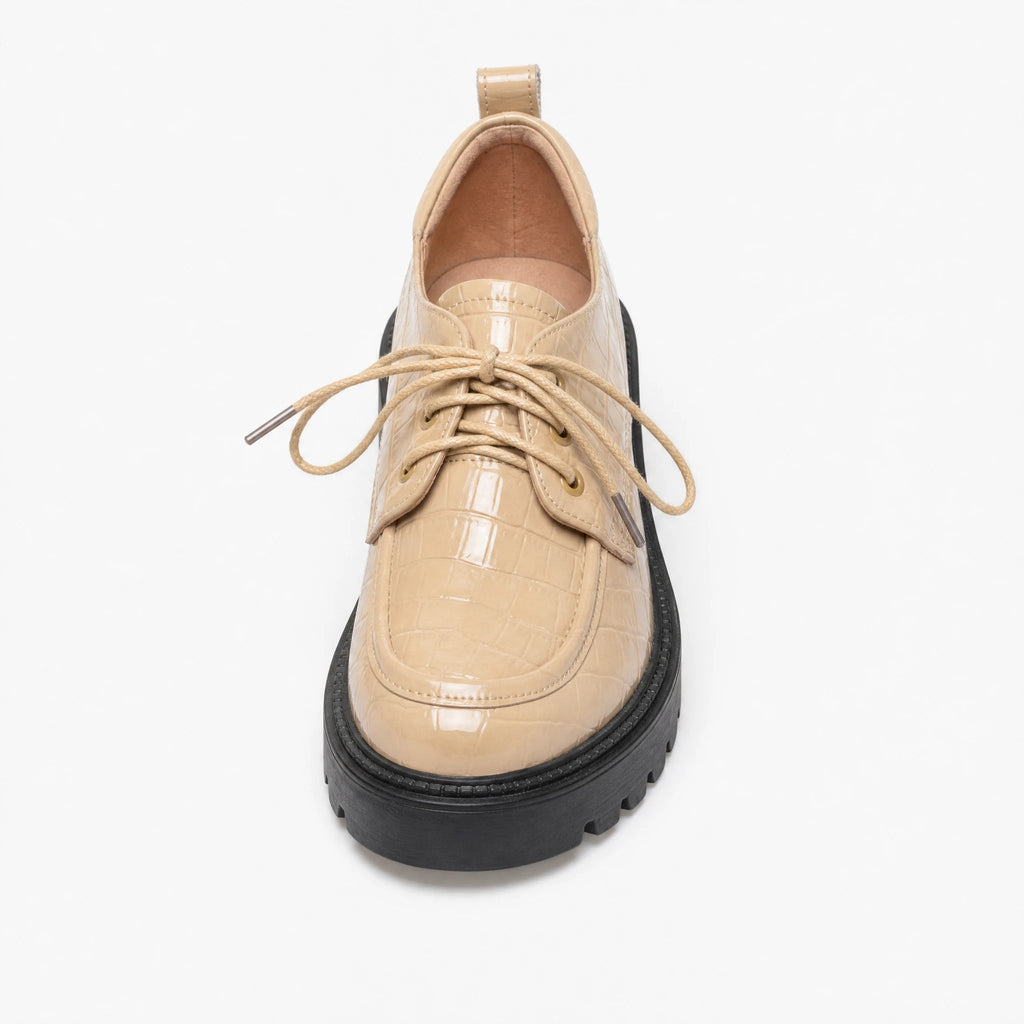 Mocassino in pelle con tacco donna effetto coccodrillo beige - foto 1