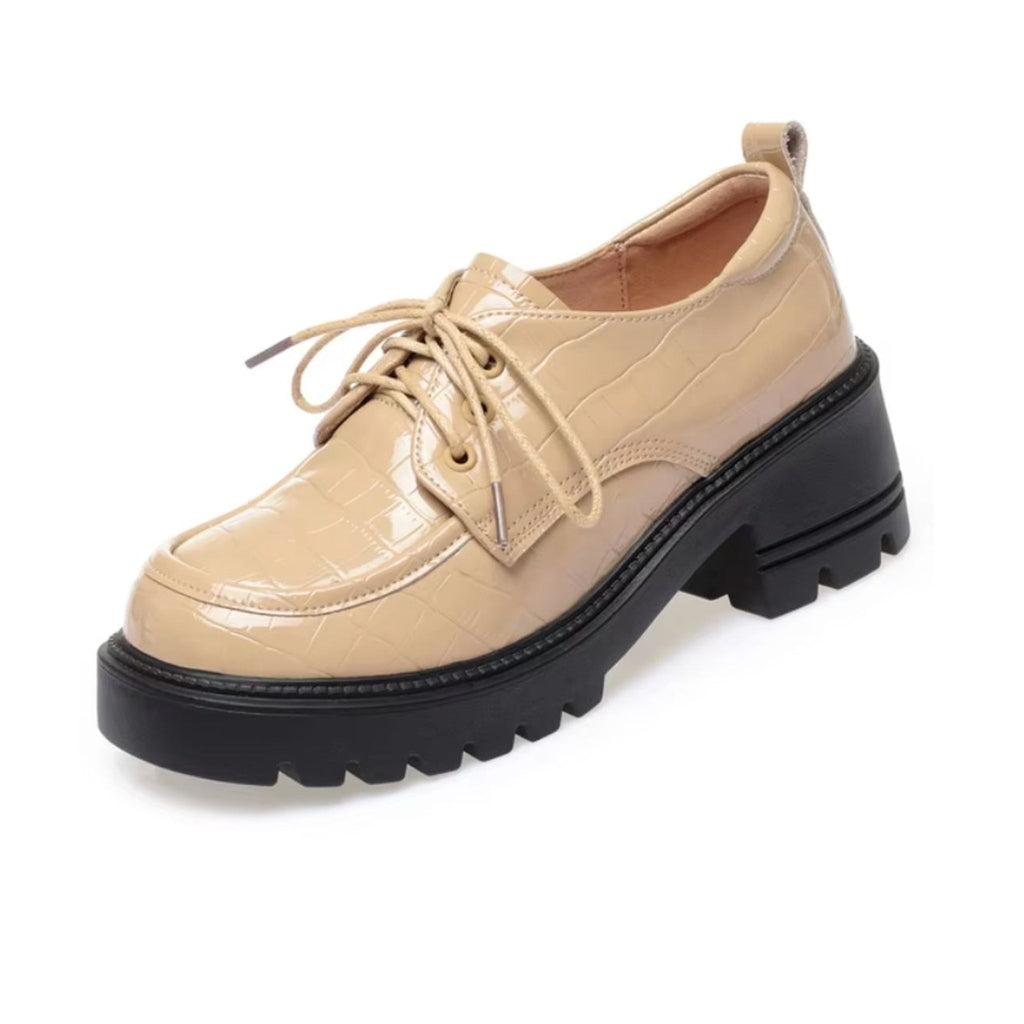 Mocassino in pelle con tacco donna effetto coccodrillo beige - foto 5