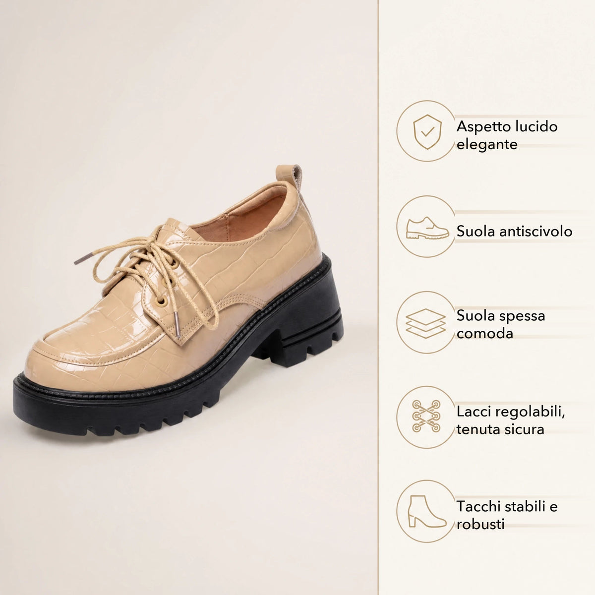 Mocassino in pelle con tacco donna effetto coccodrillo beige - foto 4 Immagine