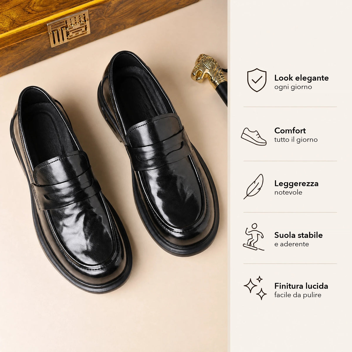 Mocassini uomo con suola spessa in pelle e design penny, vantaggi del prodotto Immagine