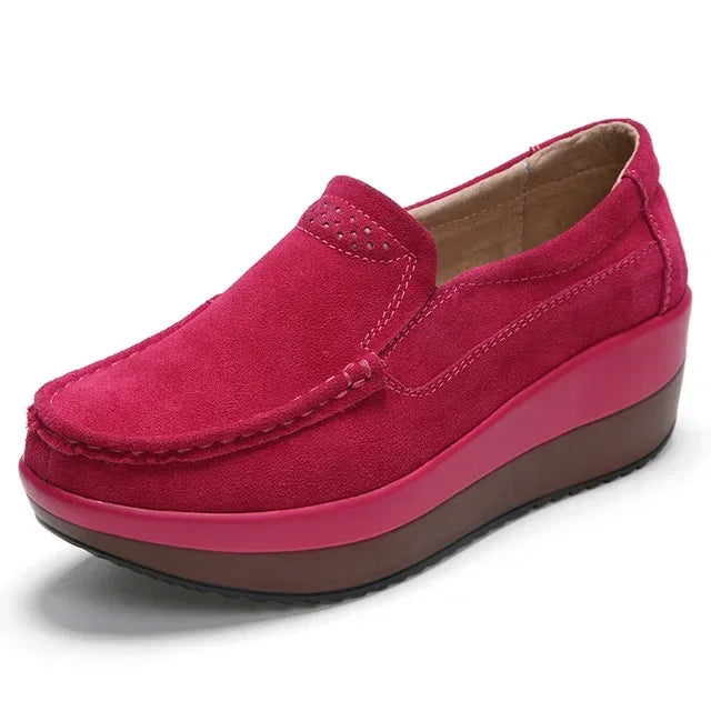Mocassini plateau in camoscio liscio da donna, colore Fucsia