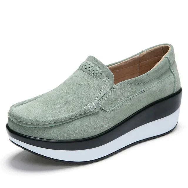 Mocassini plateau in camoscio liscio da donna, colore Verde