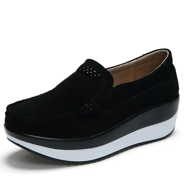 Mocassini plateau in camoscio liscio da donna, colore Nero