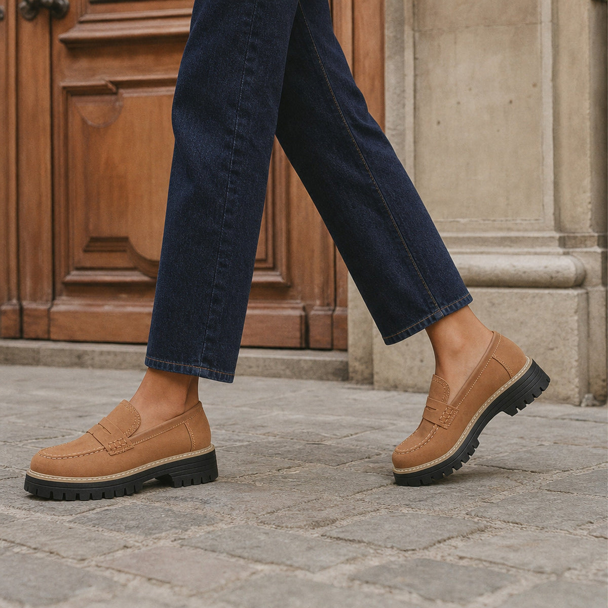 Cuciture a contrasto e bordino beige del mocassino