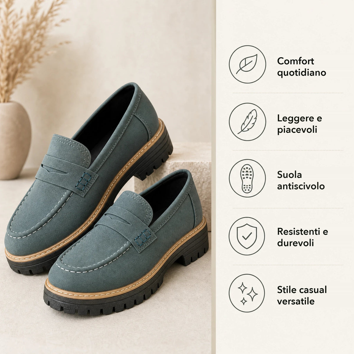Mocassino con plateau da donna blu, vista laterale Immagine