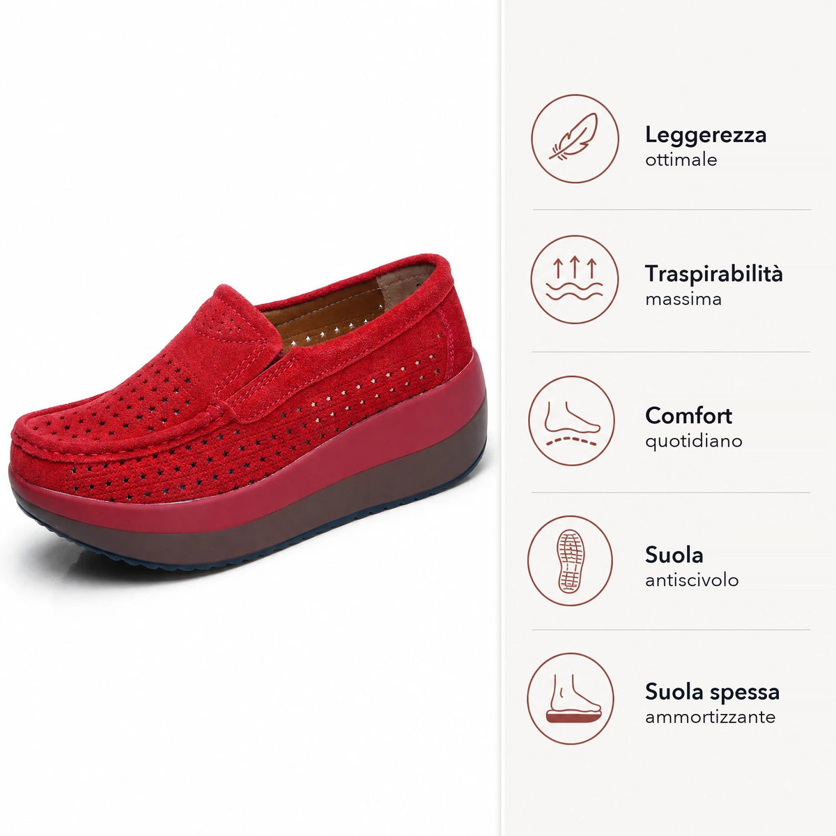 Mocassino con plateau traforato in camoscio da donna - rosso Immagine