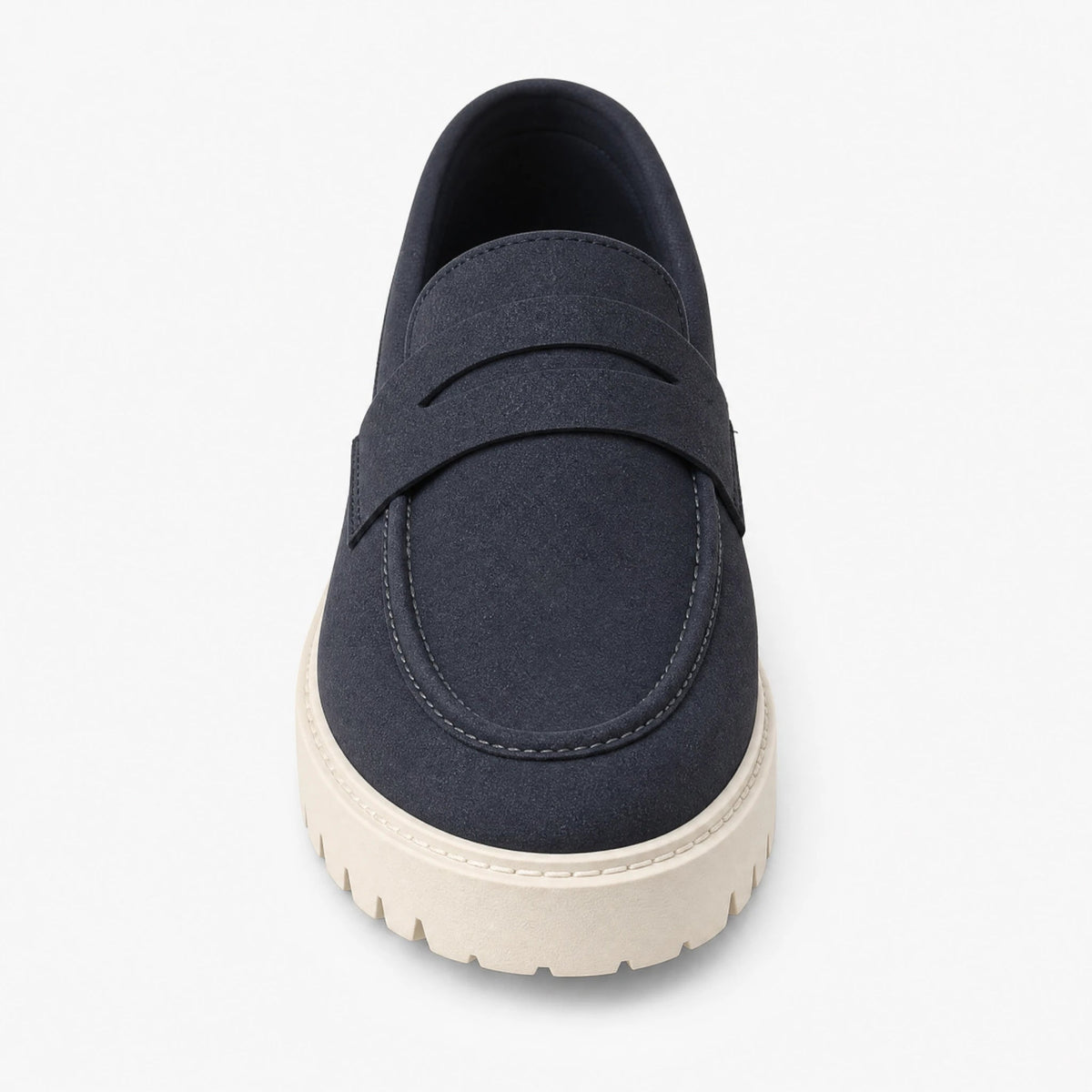 Mocassino uomo blu navy con suola tassellata bianca, vista laterale