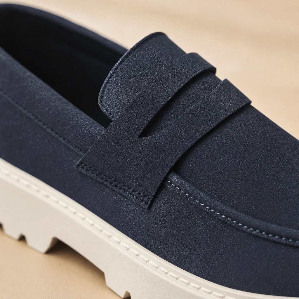 Mocassino blu navy in flanella effetto camoscio, vista dall'alto