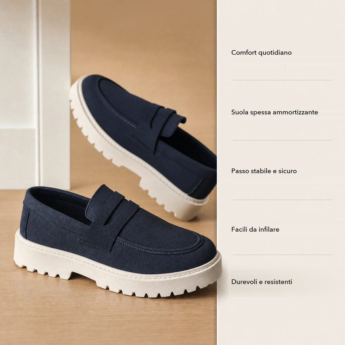 Dettaglio della linguetta lavorata del mocassino blu navy