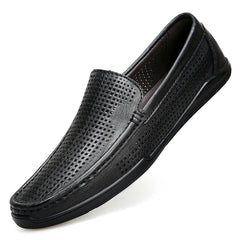 Mocassino uomo in pelle morbida traforato, comfort traspirante, Nero