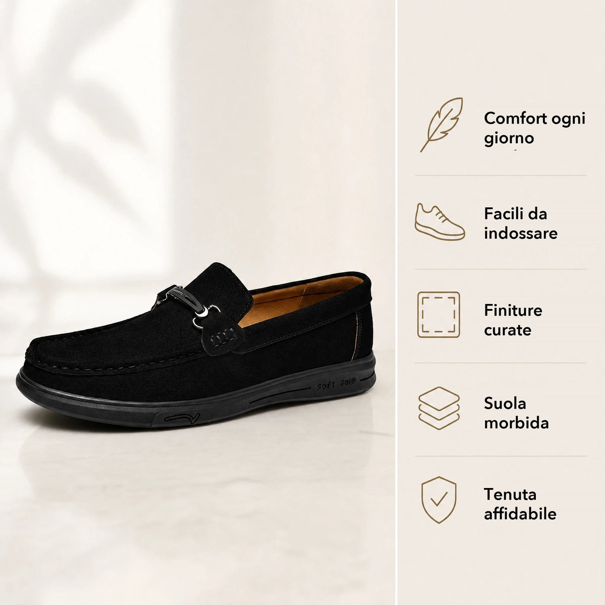 Mocassino uomo suola in gomma e fibbia metallica, colore cammello Immagine