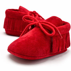 Mocassini con lacci e frange per neonato, Rosso