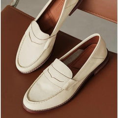 Mocassini con tacco quadrato in pelle morbida per donna, Beige