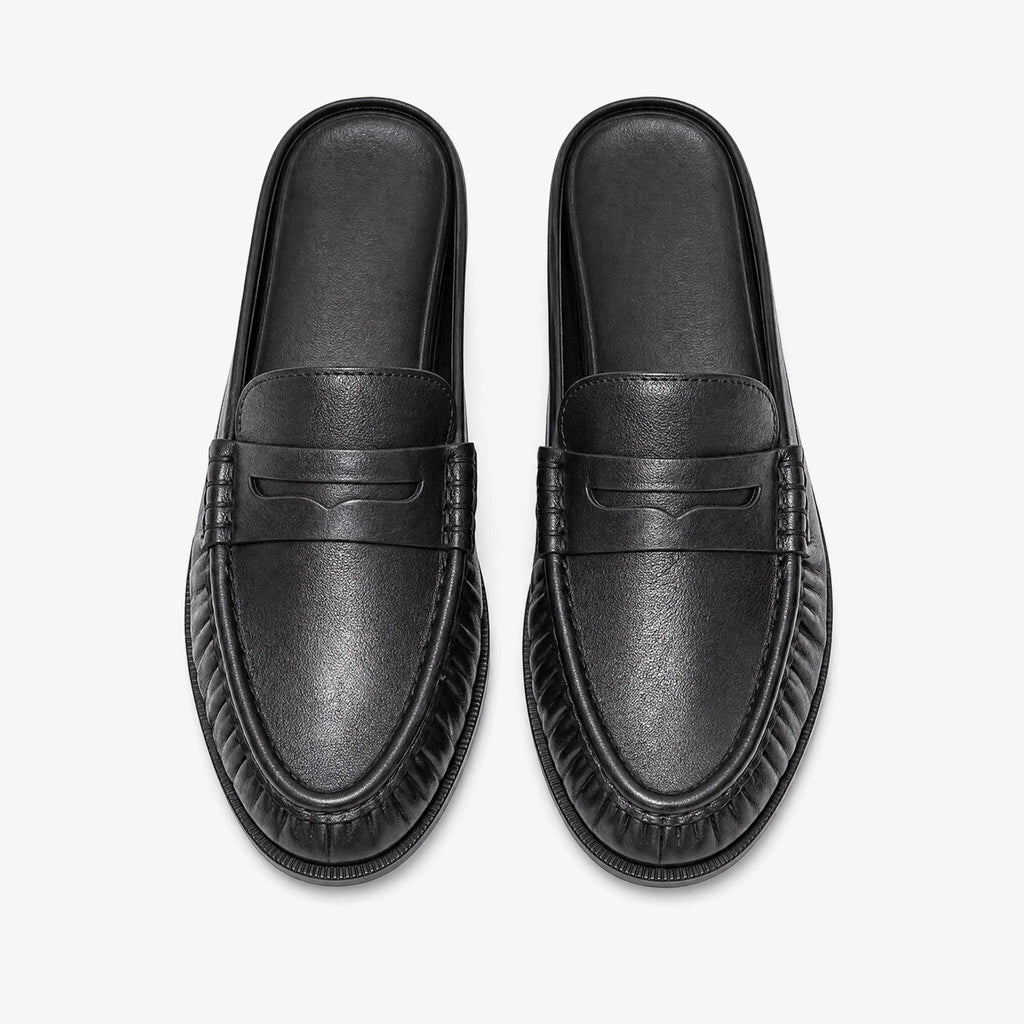 Mule mocassino donna in pelle nera liscia, vista laterale