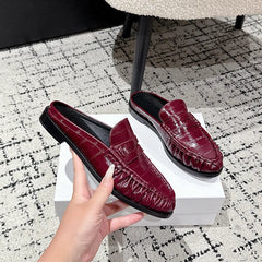 Mule mocassino penny donna in pelle con tacco piatto, Bordeaux