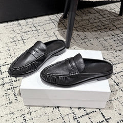 Mule mocassino penny donna in pelle con tacco piatto, Nero liscio